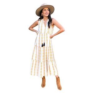 Versona Tiered Embroidered Maxi Dress Size S Cream Yellow Sleeveless Bohemian